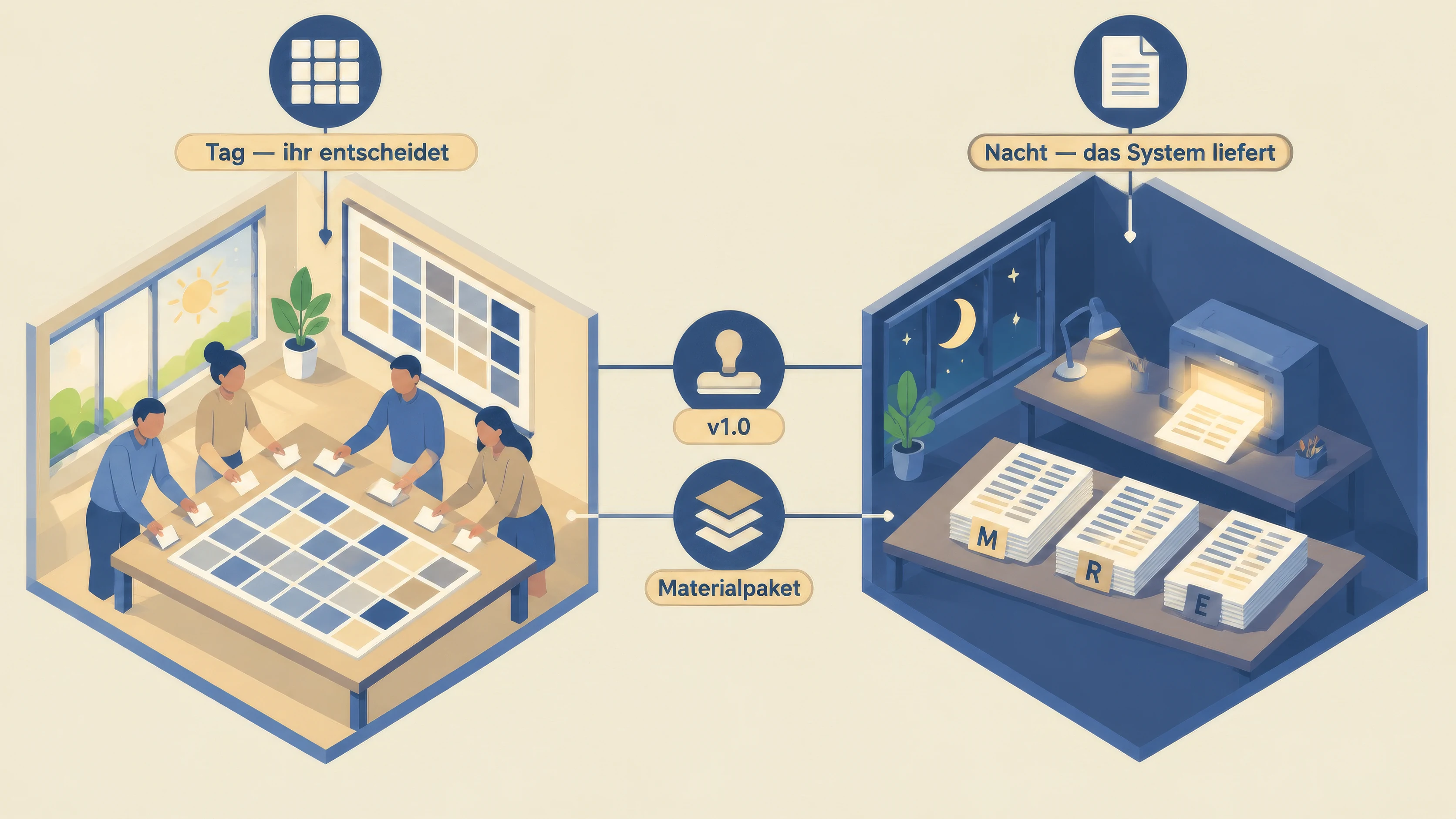 Isometrische Illustration des Tag/Nacht-Rhythmus: Links ein heller Raum am Tag, in dem vier Lehrkräfte Karten auf einem Kompetenzraster anordnen, beschriftet mit Tag — ihr entscheidet. Rechts dieselbe Schule bei Nacht in Indigo, ein leuchtendes System produziert drei Stapel Arbeitsblätter in den Stufen M, R und E, beschriftet mit Nacht — das System liefert. Dazwischen zwei Symbole: ein Stempel v1.0 und ein Materialpaket.